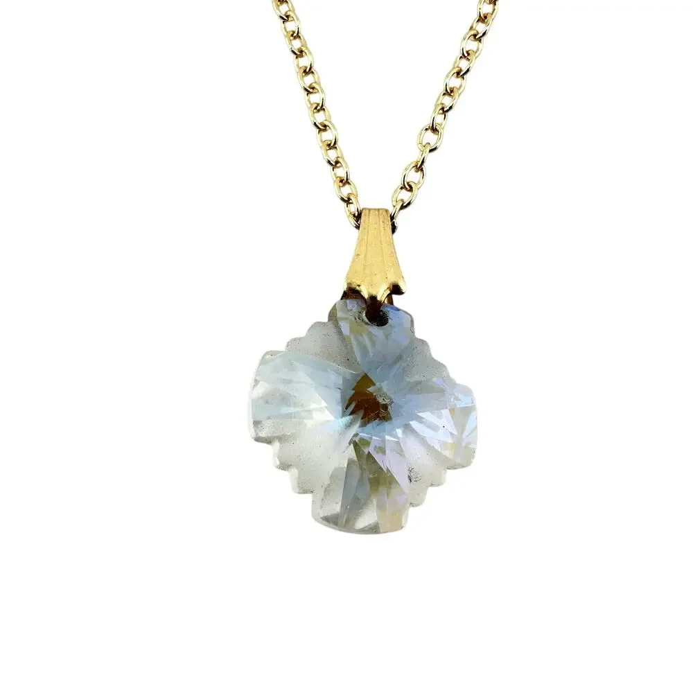 Vintage Aurora Borealis Crystal Fancy Cut Dainty Gem Gold Tone 18" Pendant - Picture 6 of 8